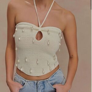 Meshki Aletta Knit Pearl Halter Top - Ivory Size S